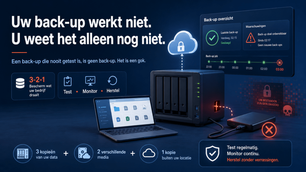 Zakelijke illustratie over back-upcontrole met server, cloudopslag, monitoringdashboard en waarschuwing voor falende back-ups, ransomware en het belang van de 3-2-1-back-upregel.
